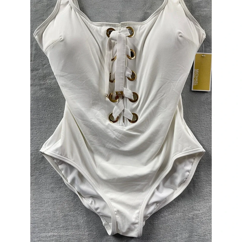 NWT Michael Kors One Piece Swimsuit Womens White New Lace Up Grommet Sz 12 $140